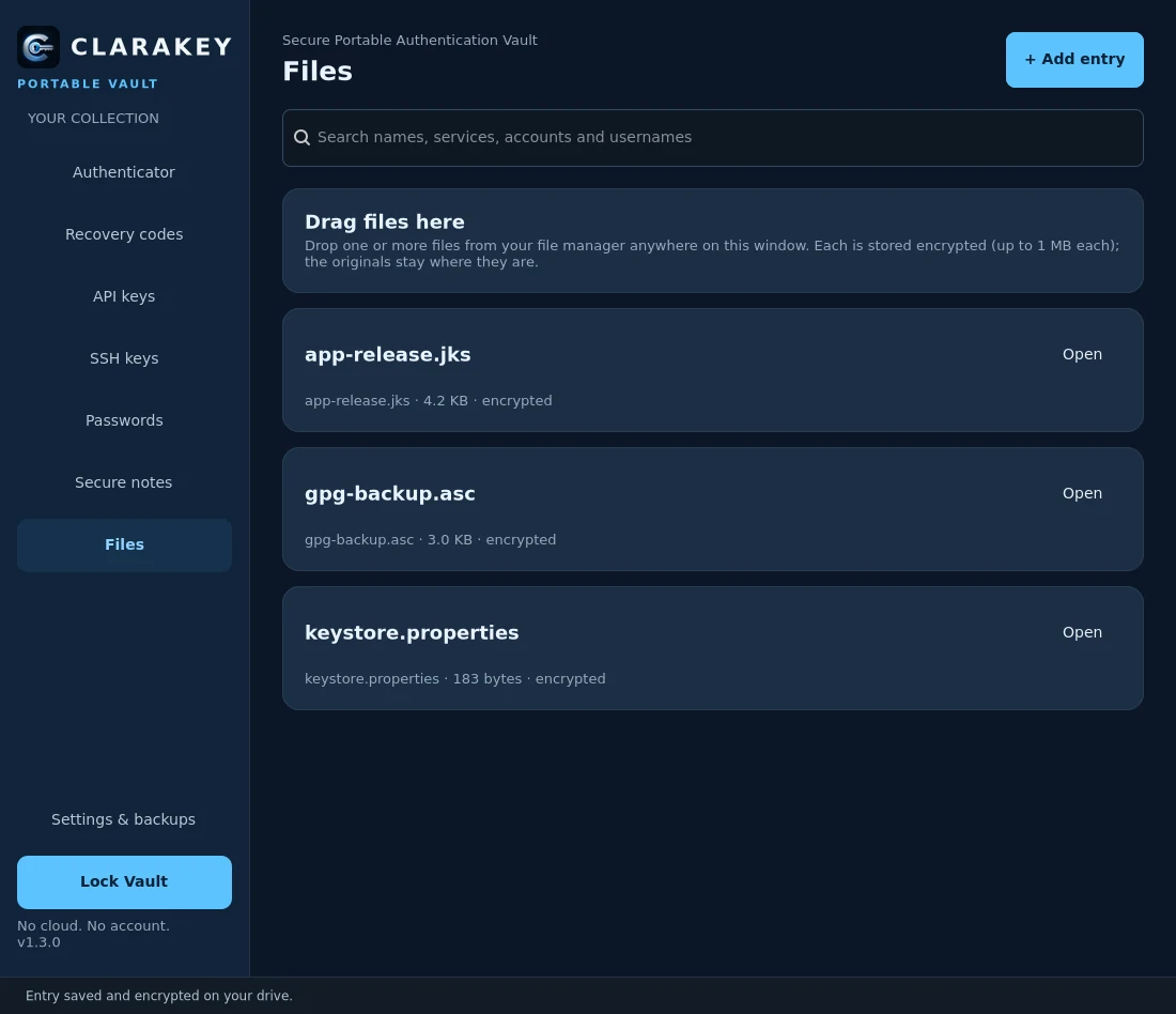 Files: encrypted keystores, properties and GPG backup, with a drag-files-here card