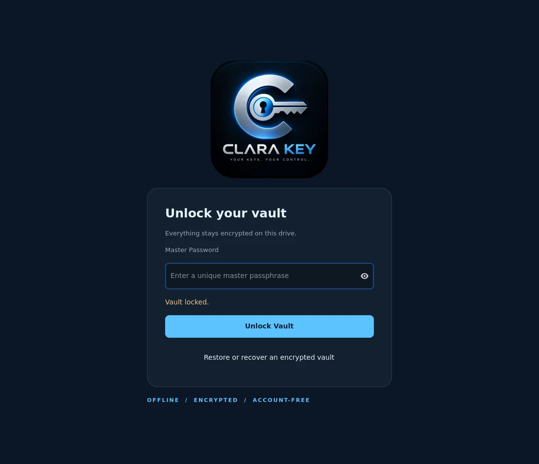 Unlock screen with the ClaraKey logo and master password field